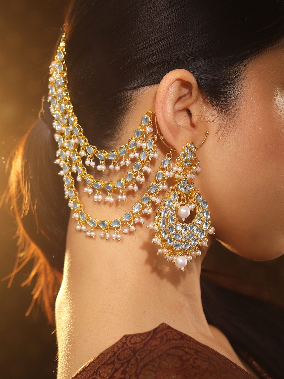 Royal White Kundan Chandbali with Kaan Chain