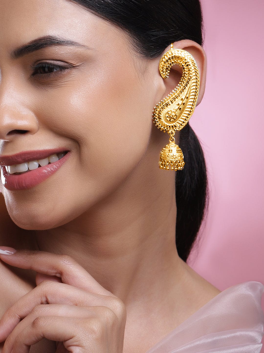 Golden Paisley Festive Ear-Cuff Jhumkas