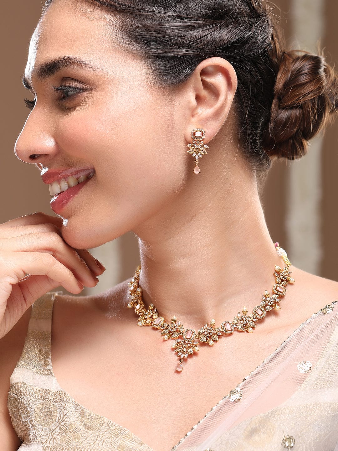 Pink American Diamond Zirconia Pearl Necklace Set
