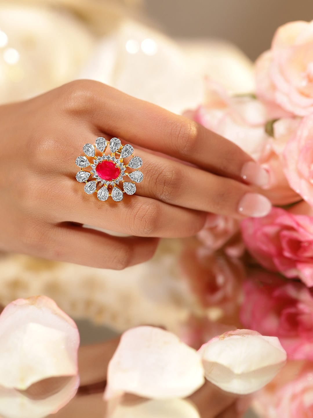 American Diamond Zirconia Pink Floral Ring