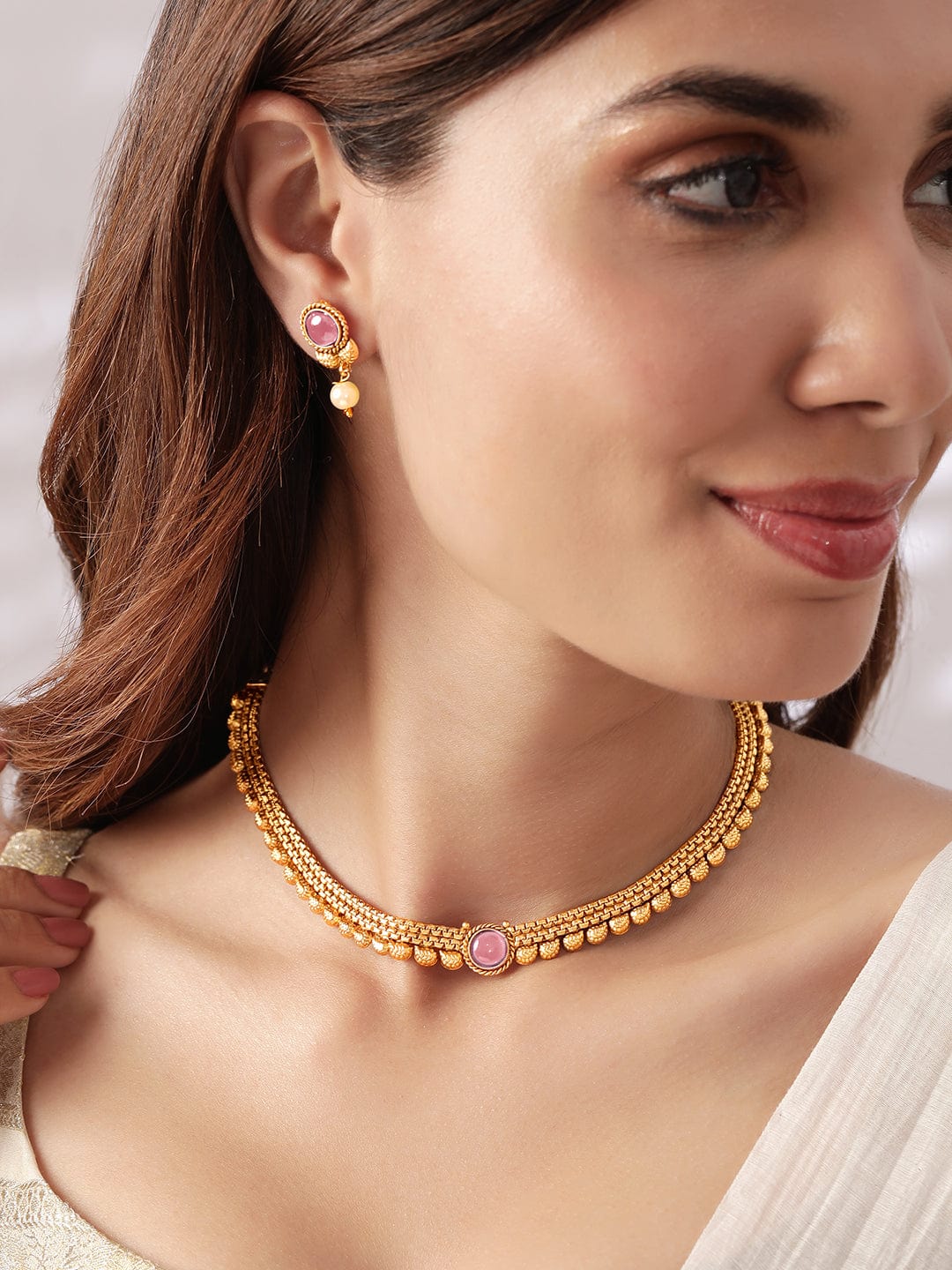 Pink Accented Golden Collar Necklace Set
