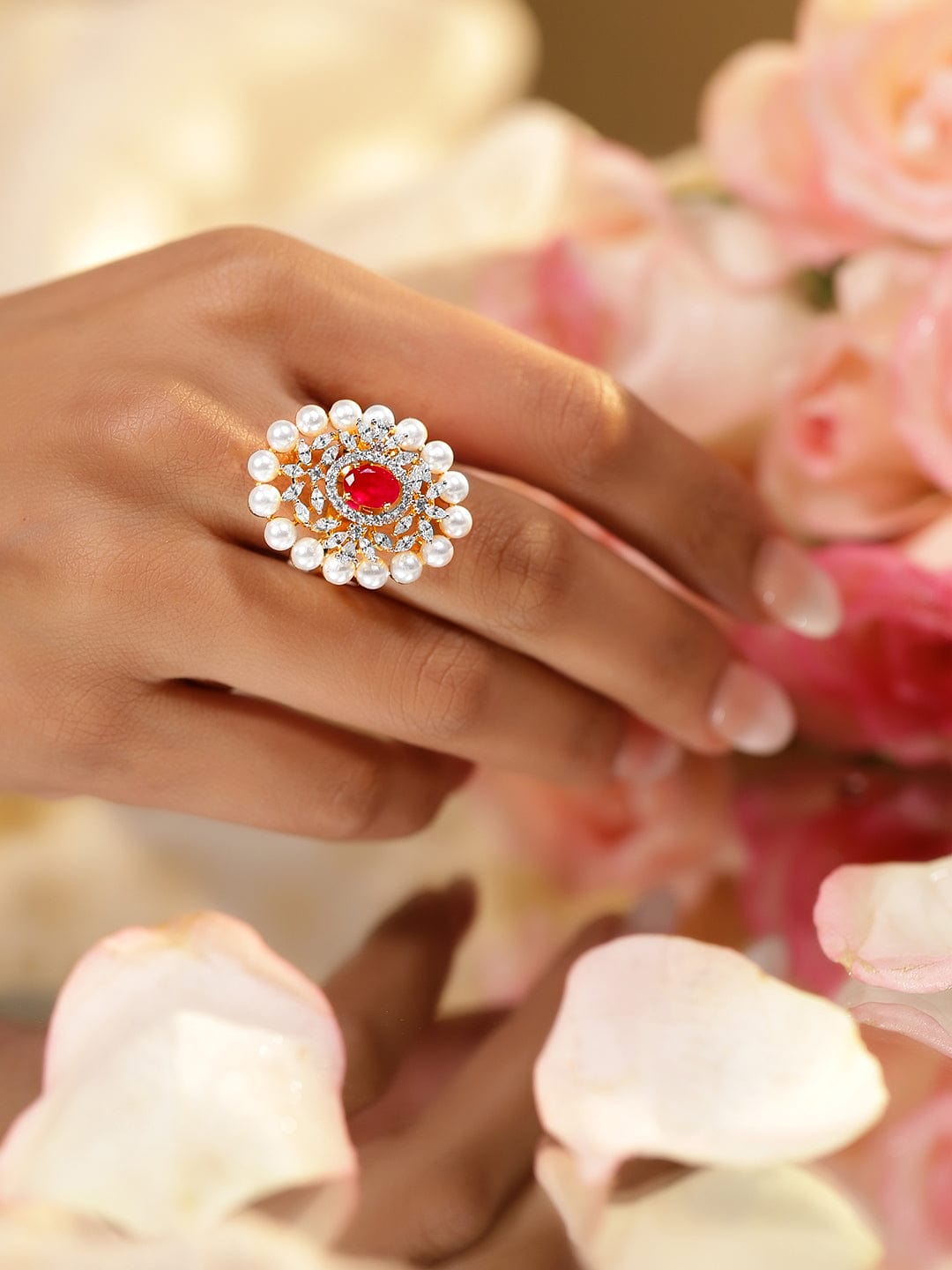 Red American Diamond Zirconia Studded Pearl Ring