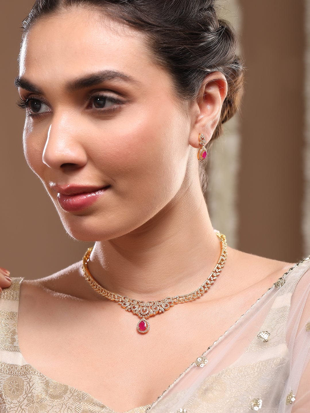 Ruby Accented American Diamond Zirconia Necklace Set