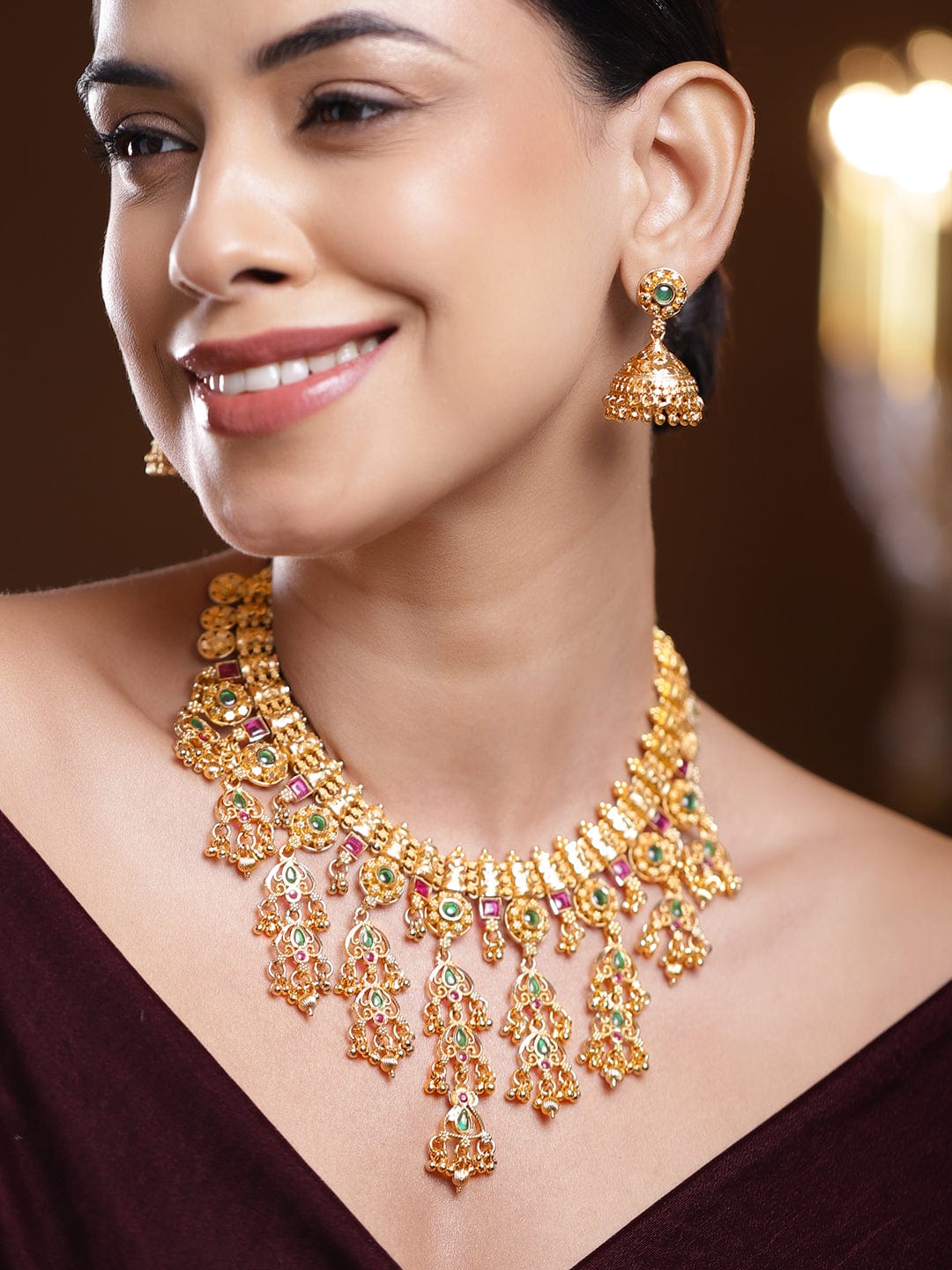 Red & Green Studded Gold Beaded Necklace Set