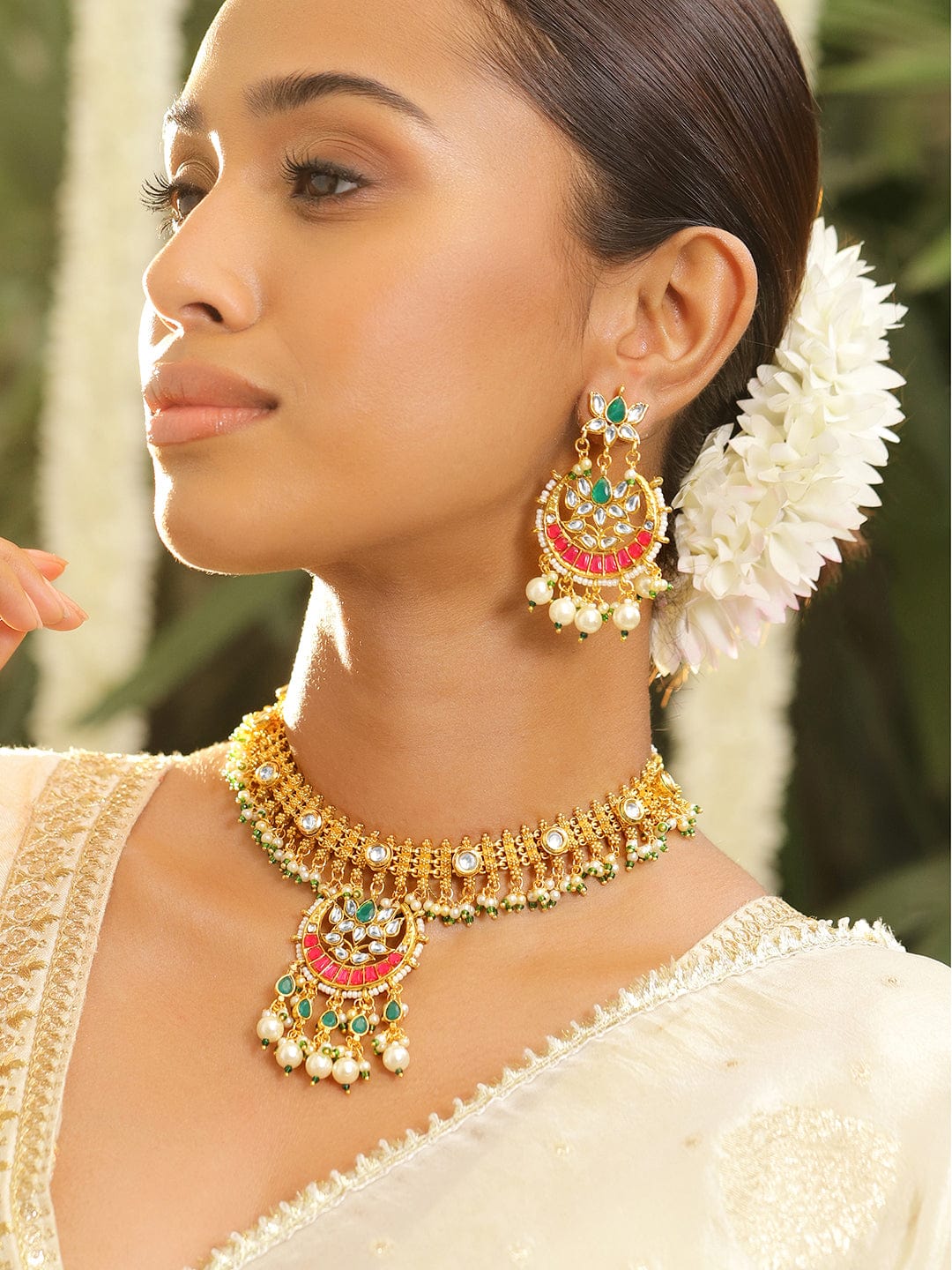 Gold-Plated Pink Green Necklace Set
