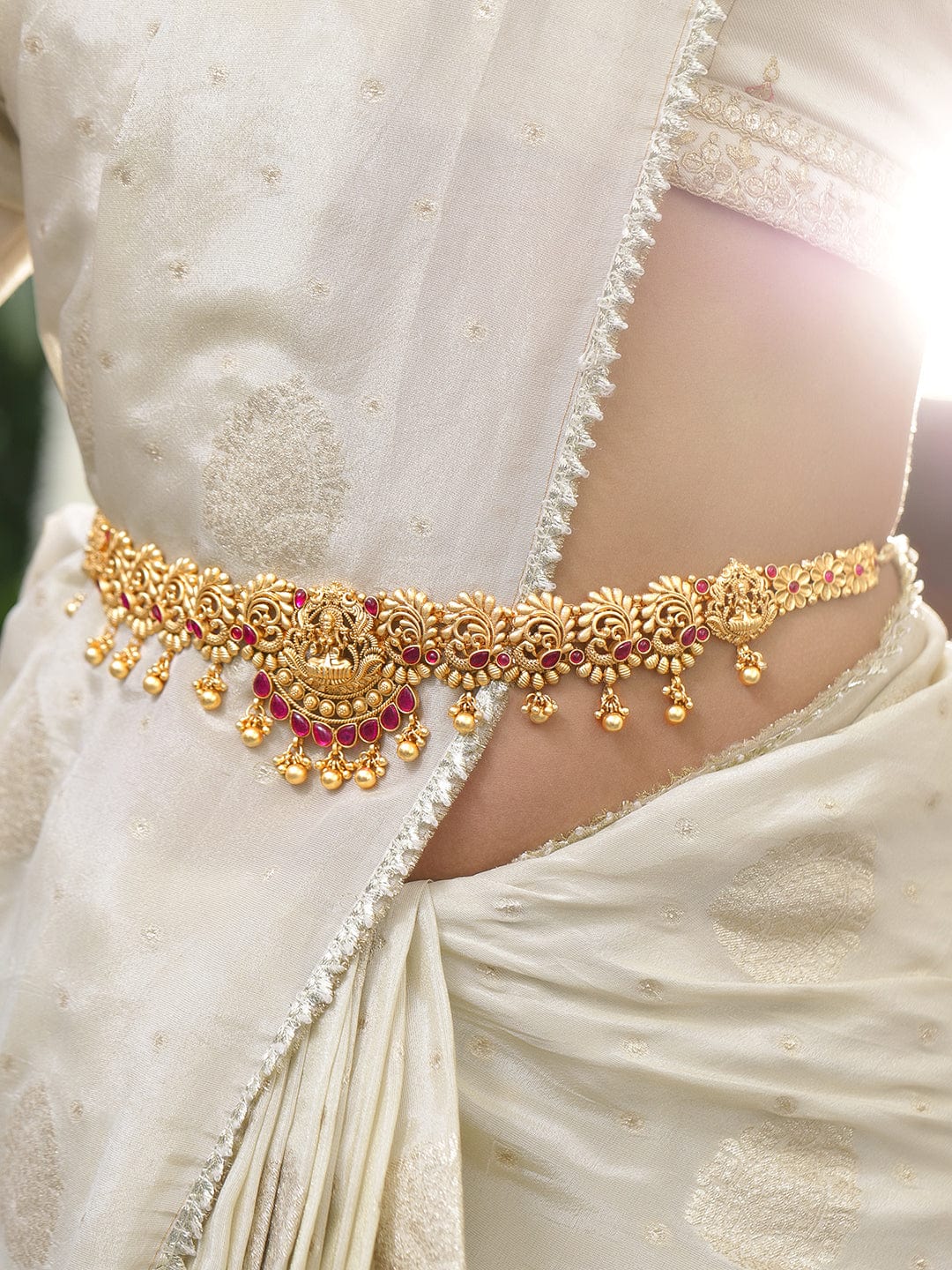 Rubans 22K Gold-Plated Ruby Red Stone Studded Divine Lakshmi Motif Temple Waist Chain Kamarbandh with Pearl Drops