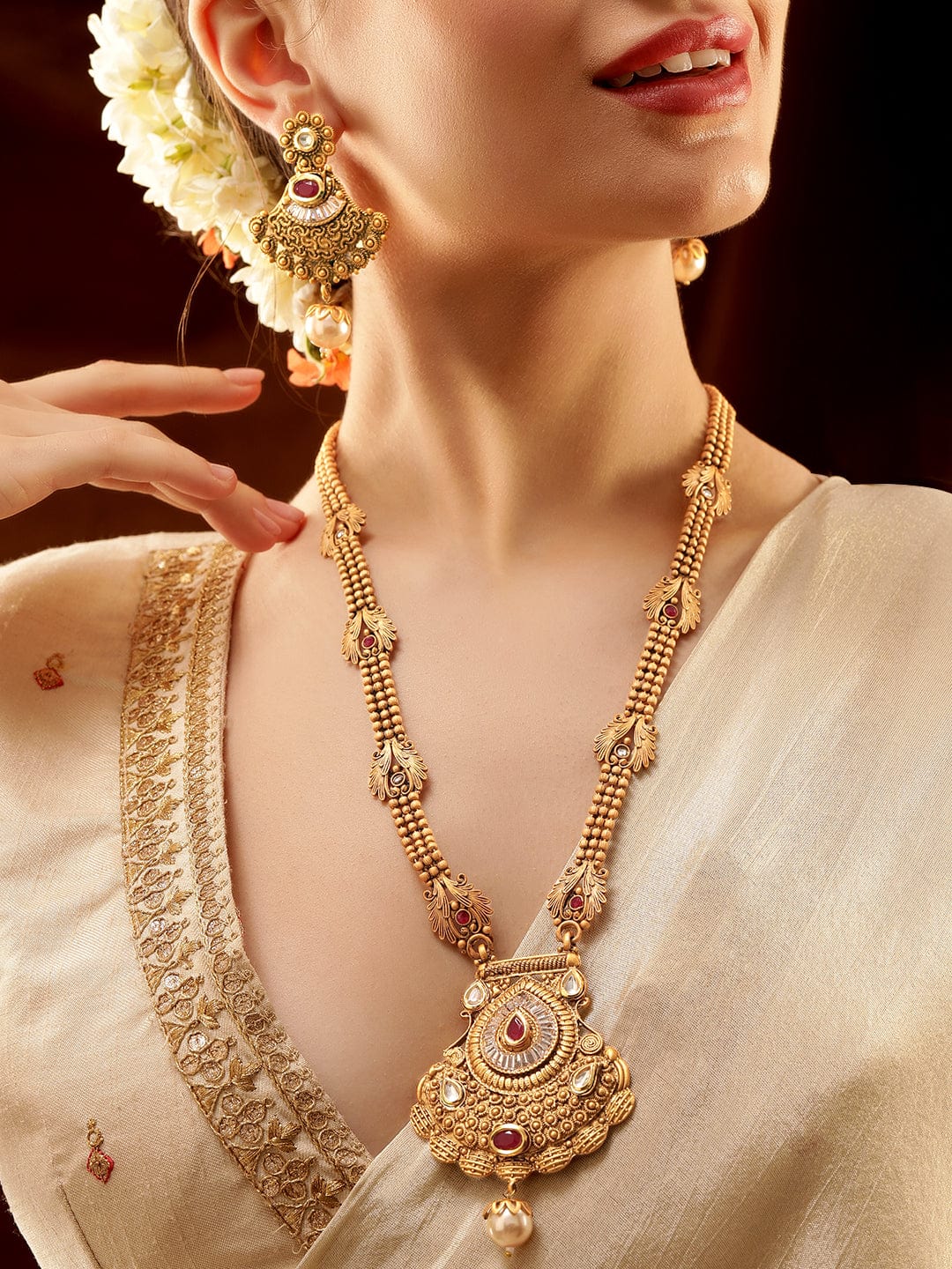 Red & White Studded Gold Beads Necklace Set