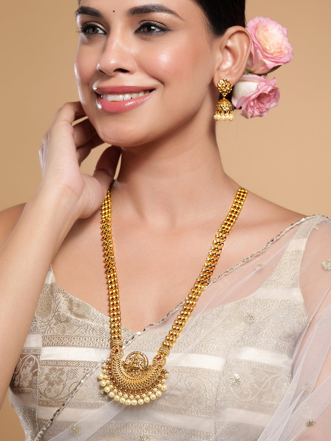 Laxmi Motif Pearl Drop Golden Necklace Set