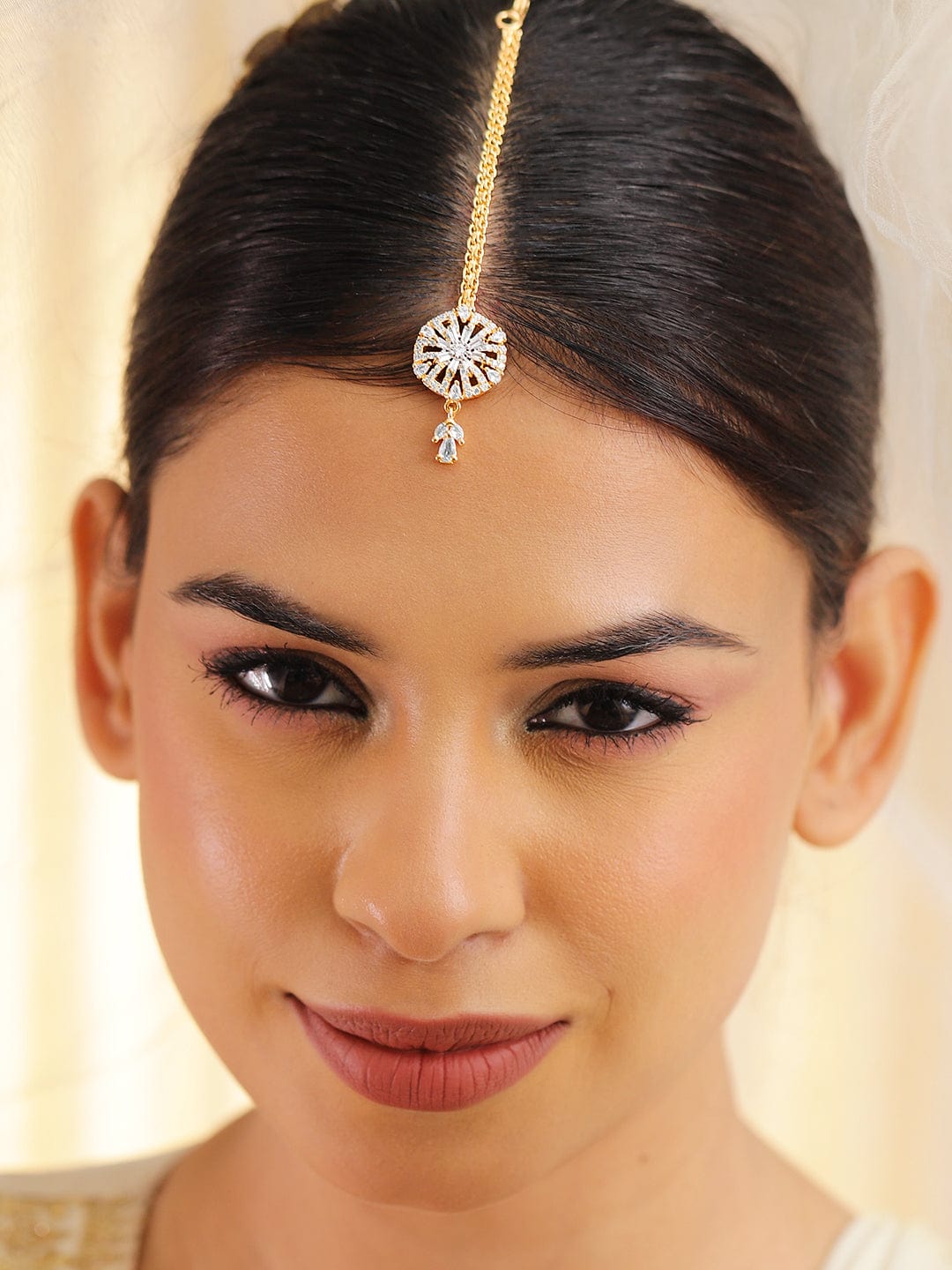 Rubans 22K Gold-Plated White Cubic Zirconia Studded Maang Tikka