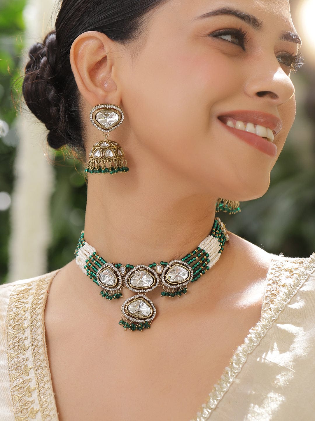 Artisanal Green & Polki Kundan Necklace Set