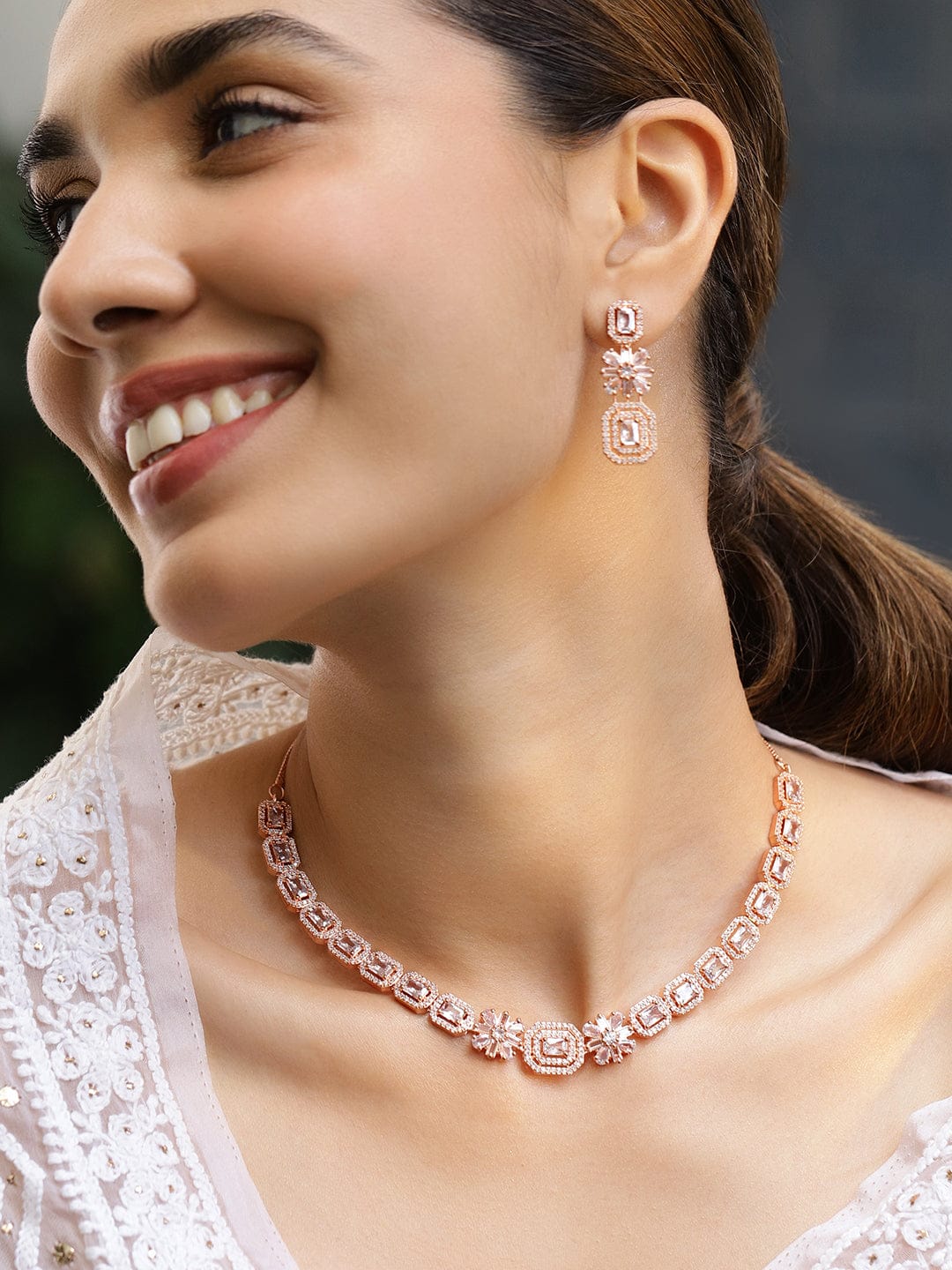 American Diamond Zirconia Rose Gold Necklace Set