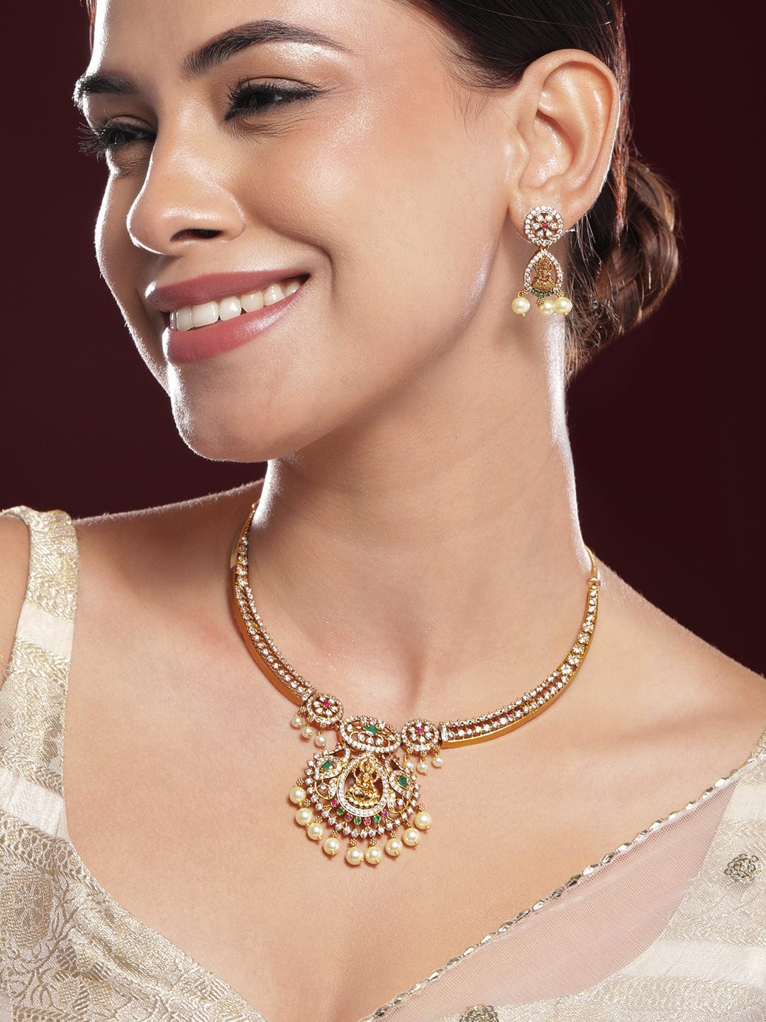 Multicolor Studded Laxmi Motif Pearl Drop Necklace Set