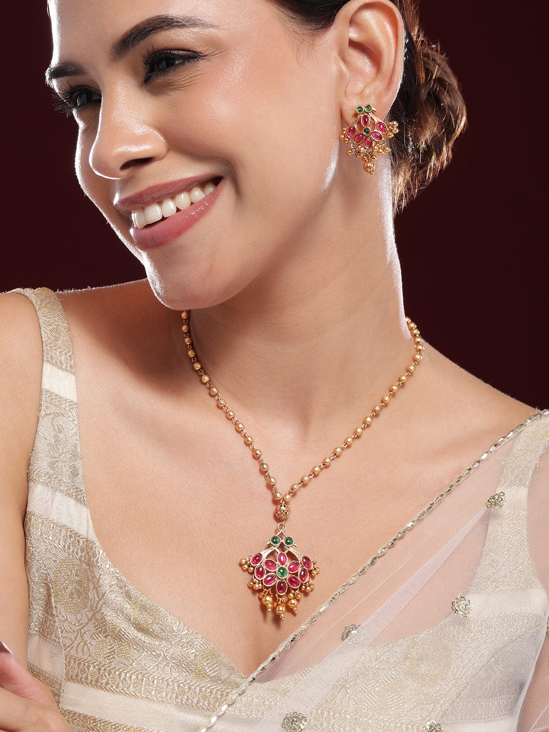 Red & Green Floral Studded Necklace Set