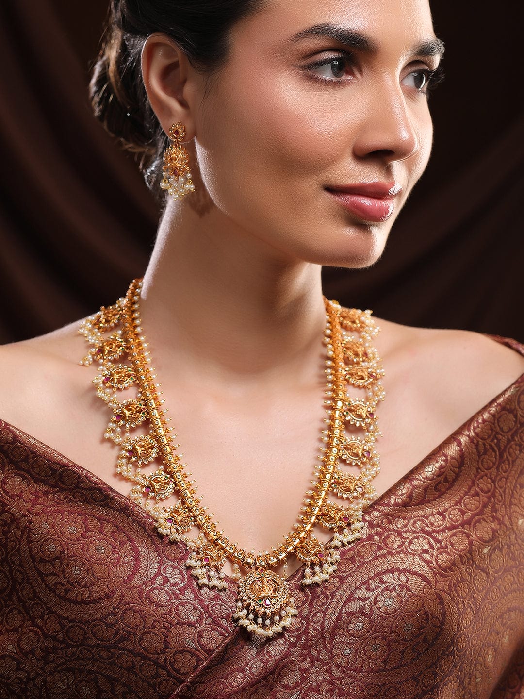 Long Pearl Drop Necklace Set with Laxmi Motif