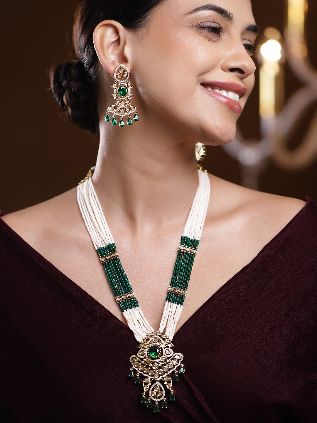 Green & White Kundan Long Gold Necklace Set
