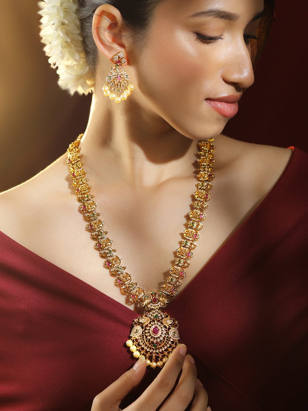 Multicolor Studded Pearl Drop Necklace Set