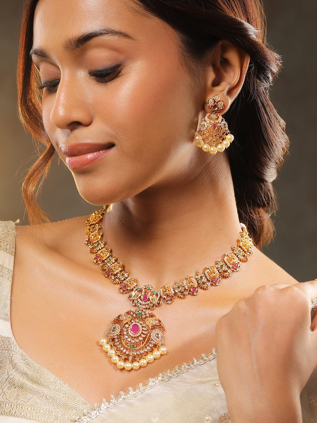 American Diamond Zirconia Necklace Set With Pearl Drops