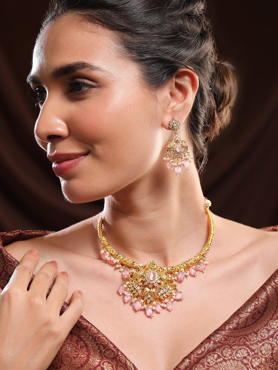 Multicolor Pink Beads Golden Necklace Set