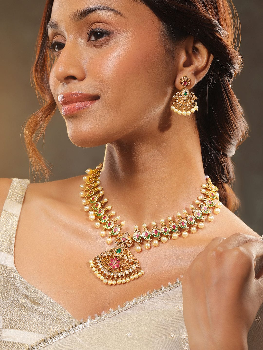 Multicolor American Diamond Zirconia Studded Pearl Necklace Set