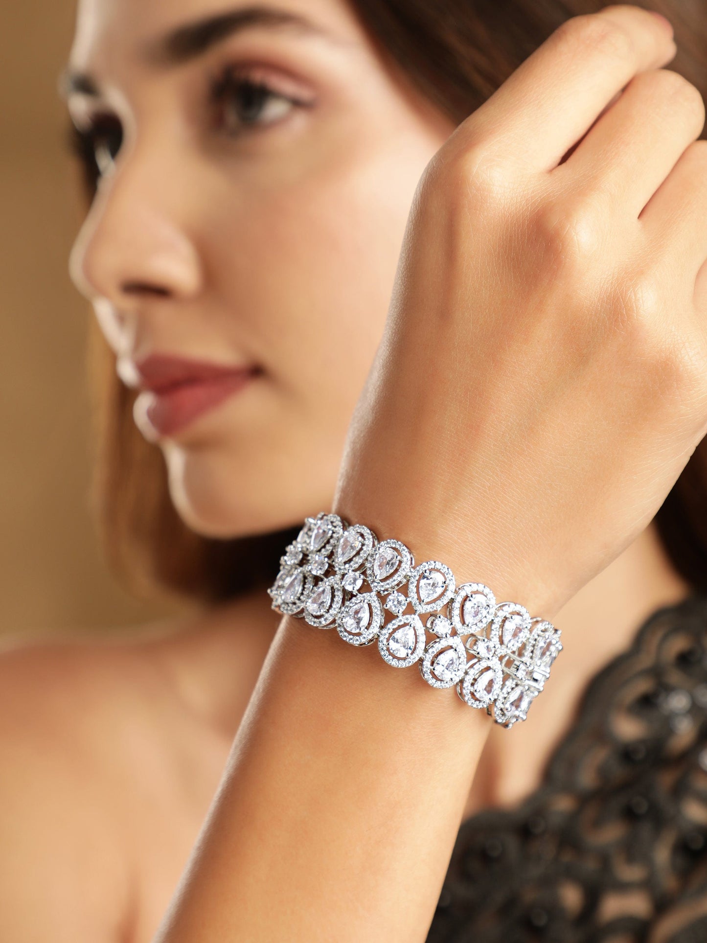 Rubans Brass Cubic Zirconia Rhodium-Plated Bangle-Style Bracelet