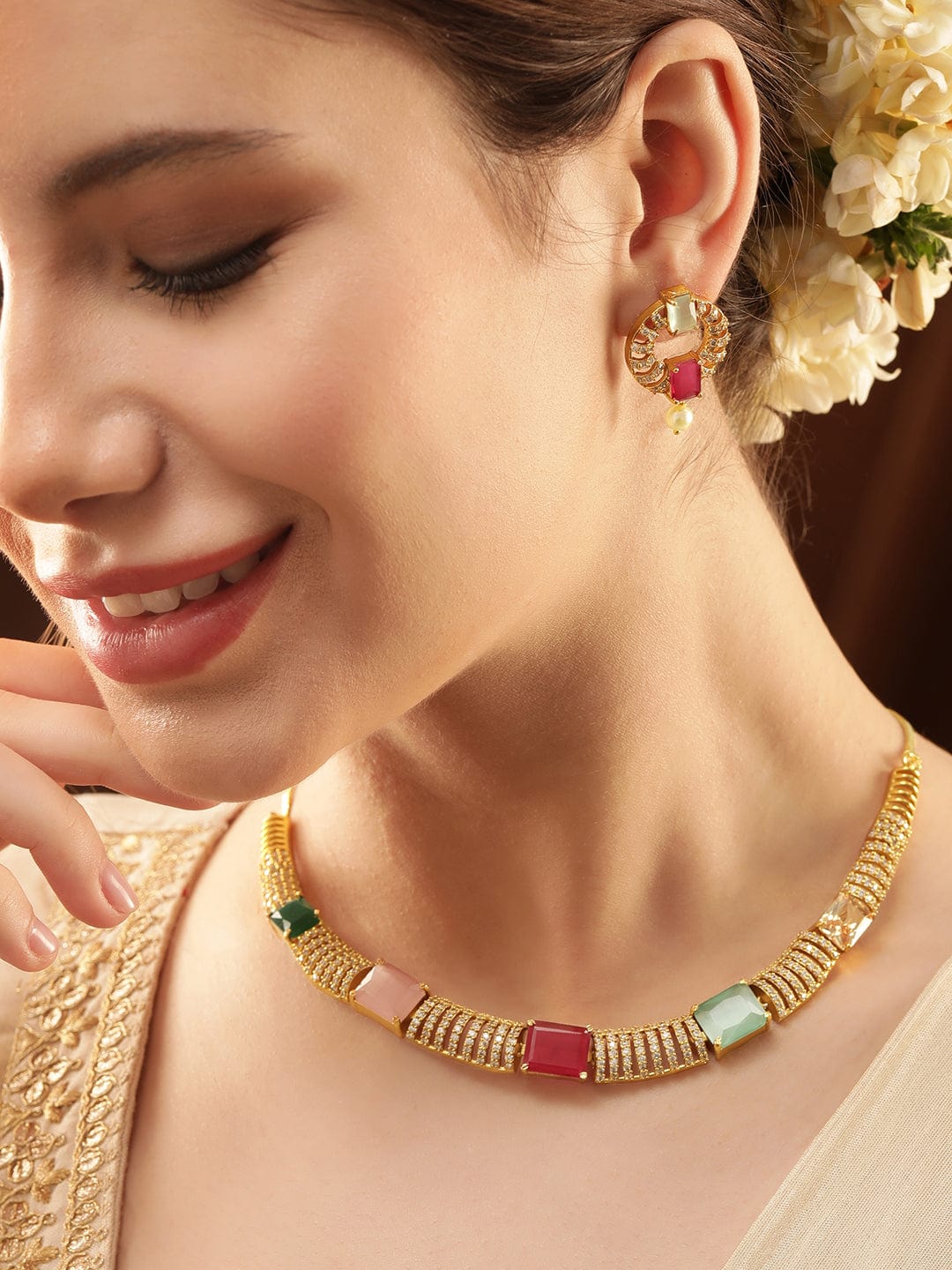 Multicolor American Diamond Zirconia Necklace Set