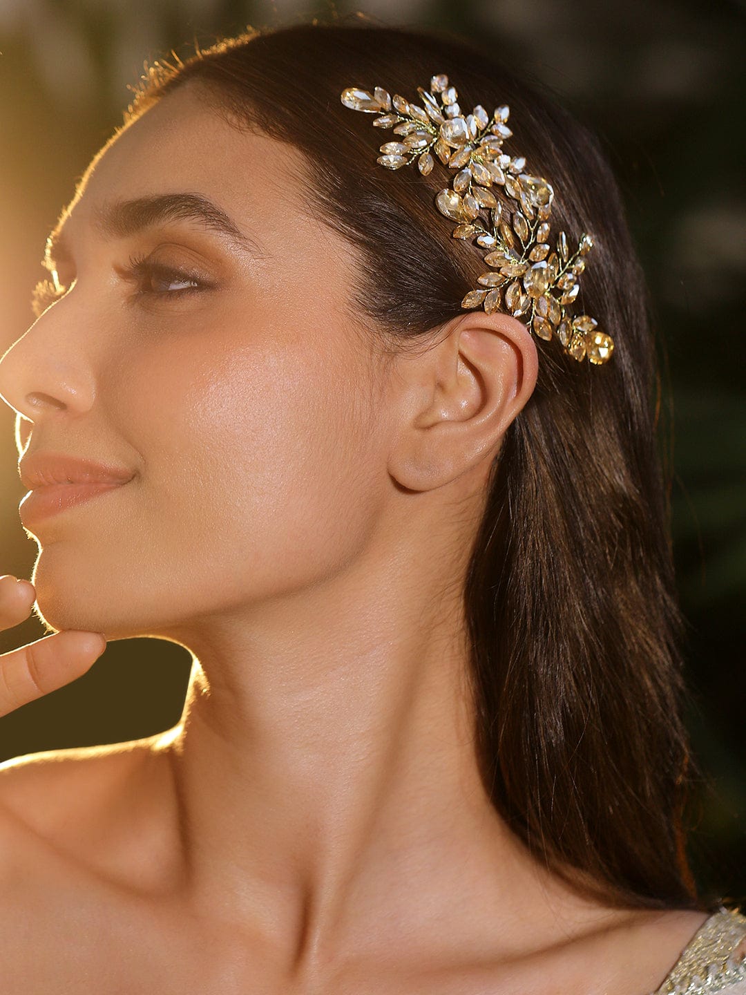 Golden Crystal Leaf Side Hair Pin - Set of 2