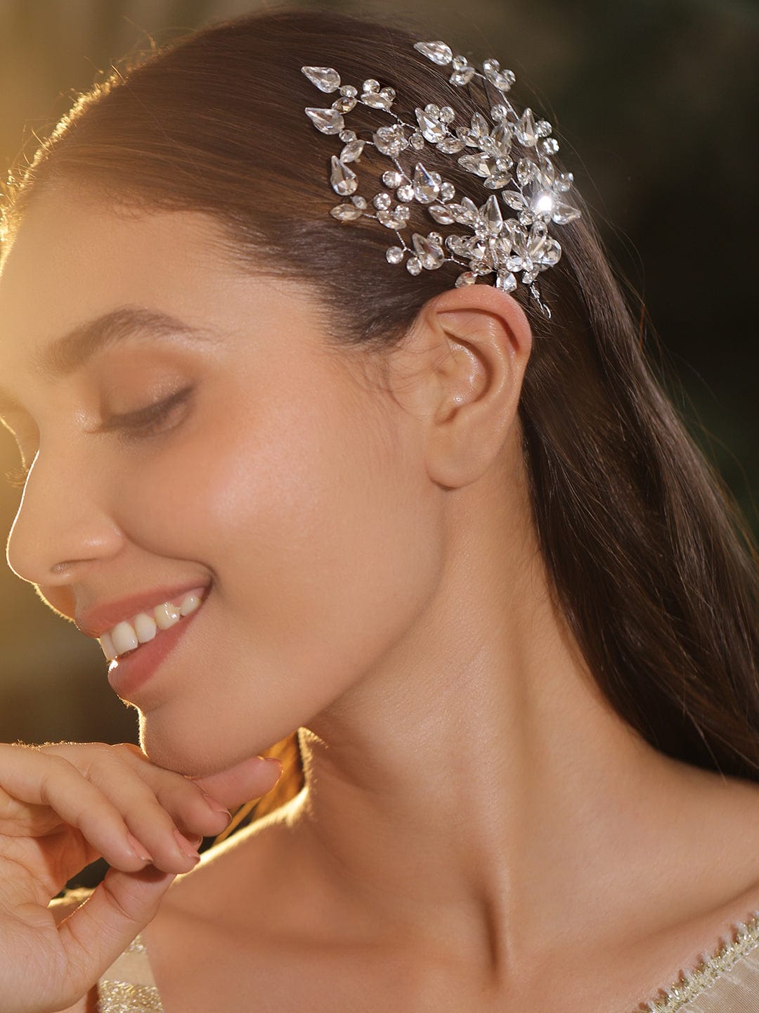 Silver Floral Crystal Side Hair Clip