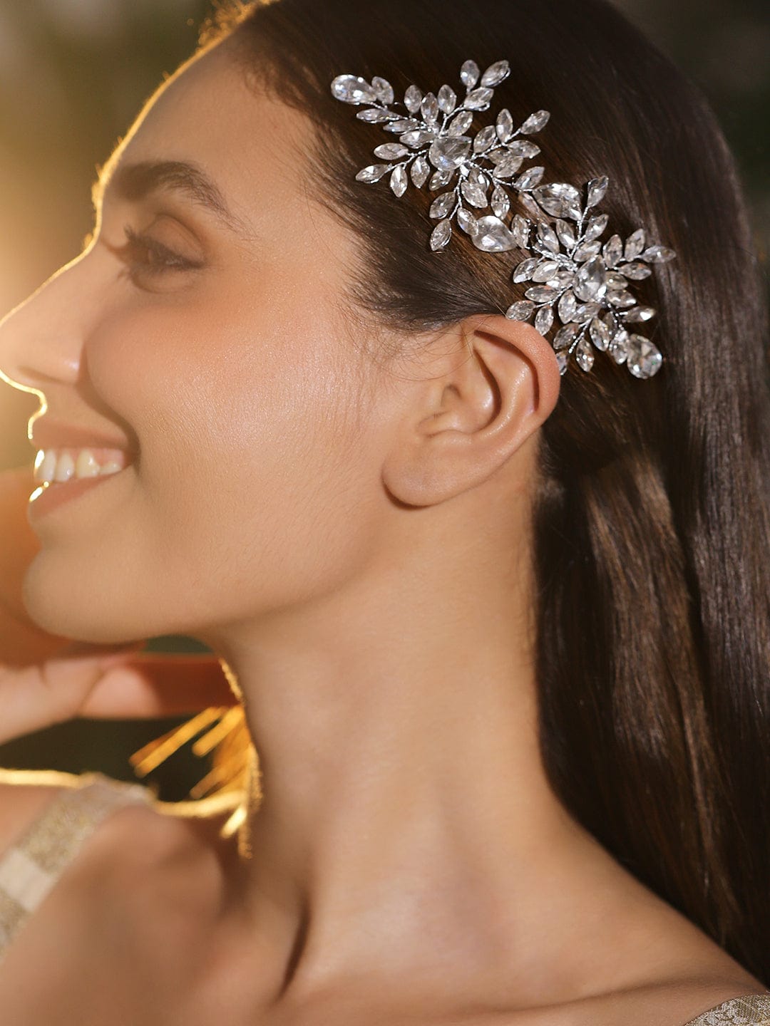 White crystal leaf side hair clip - Set of 2