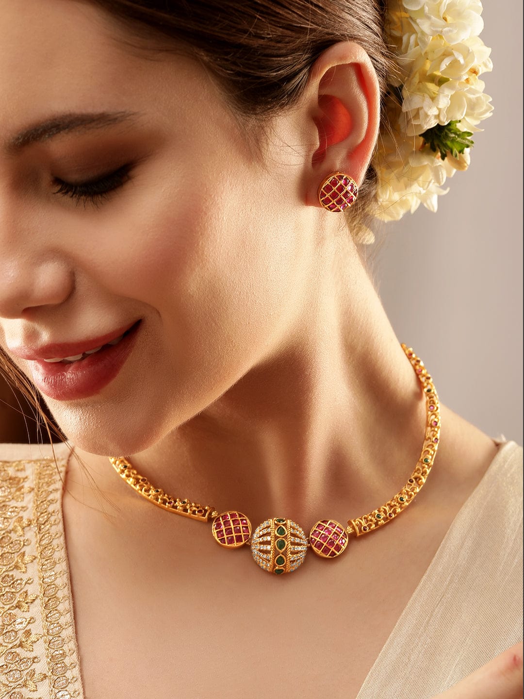 American Diamond Zirconia Multicolor Studded Necklace Set