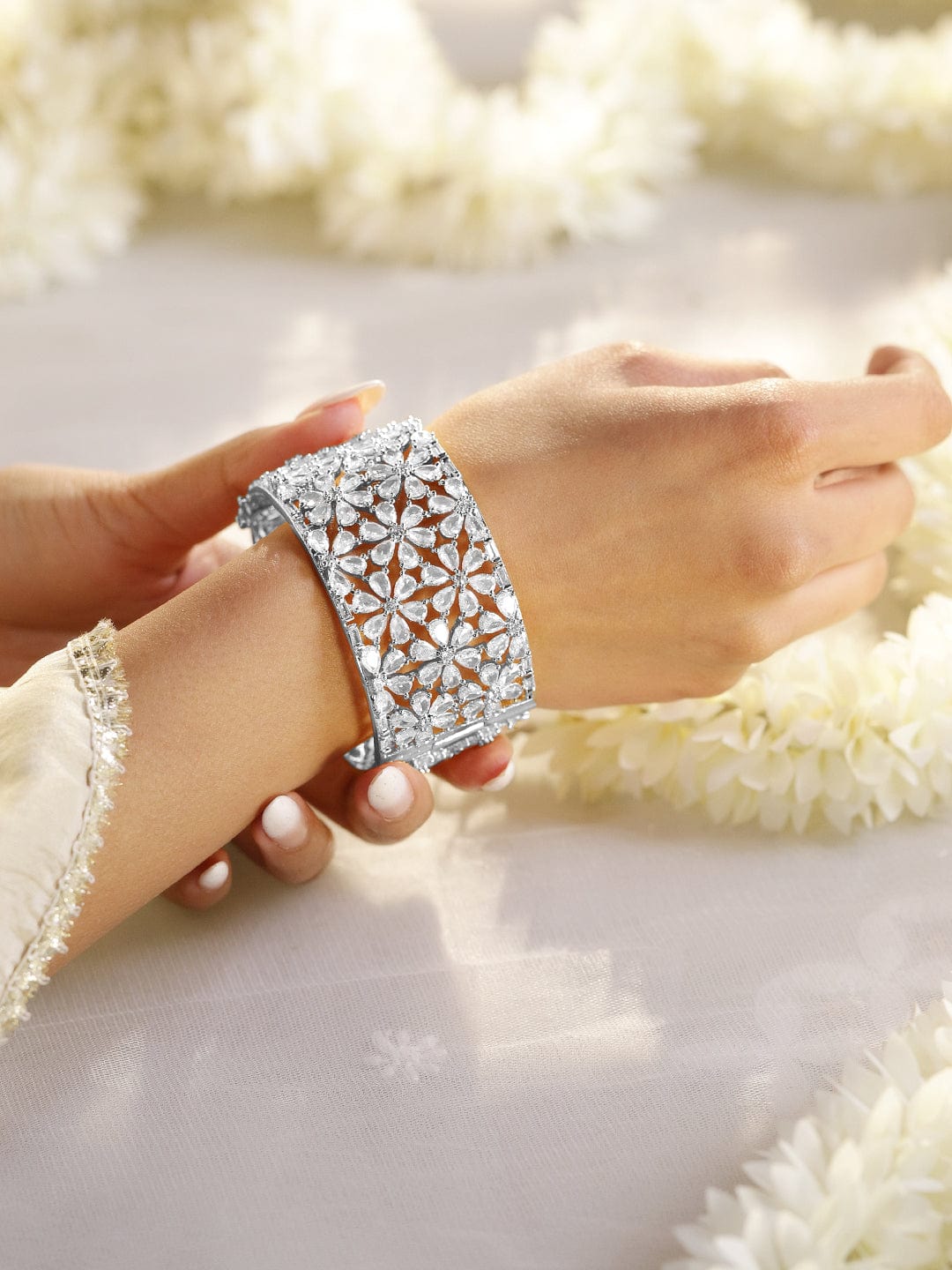 Rubans Rhodium-Plated AAA Cubic Zirconia Studded Handcrafted Openable Premium Bracelet