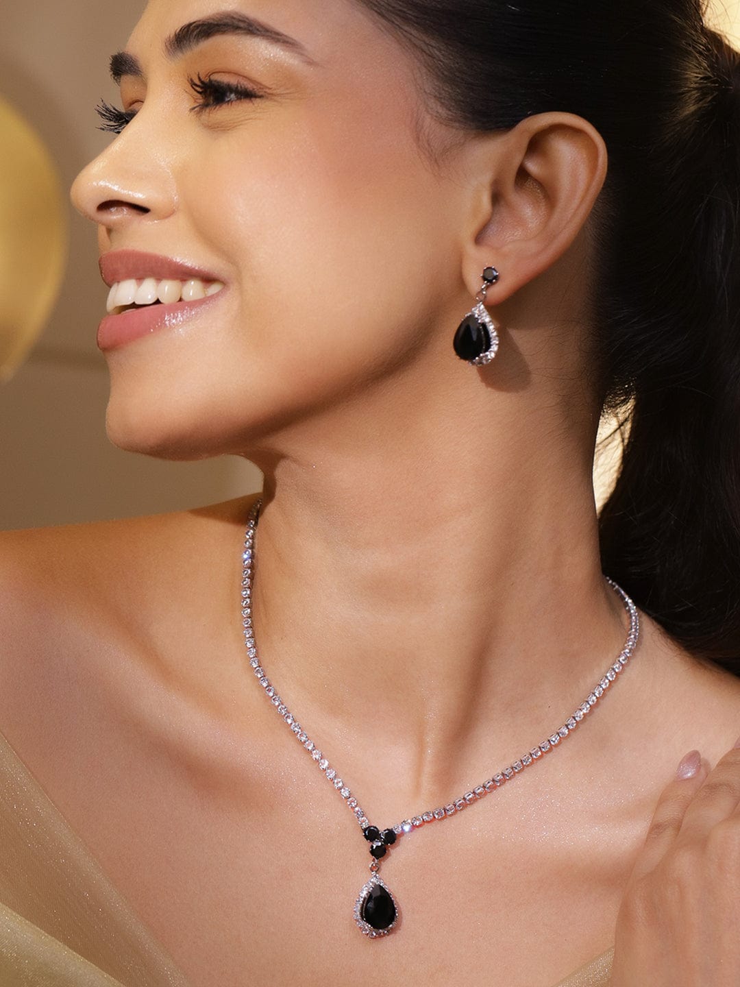 Black American Diamond Zirconia Teardrop Necklace Set