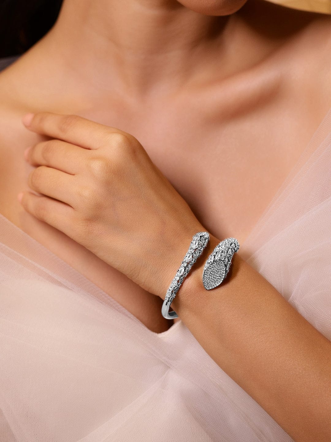 Rubans Rhodium-Plated Cubic Zirconia Studded Adjustable Openable Bracelet