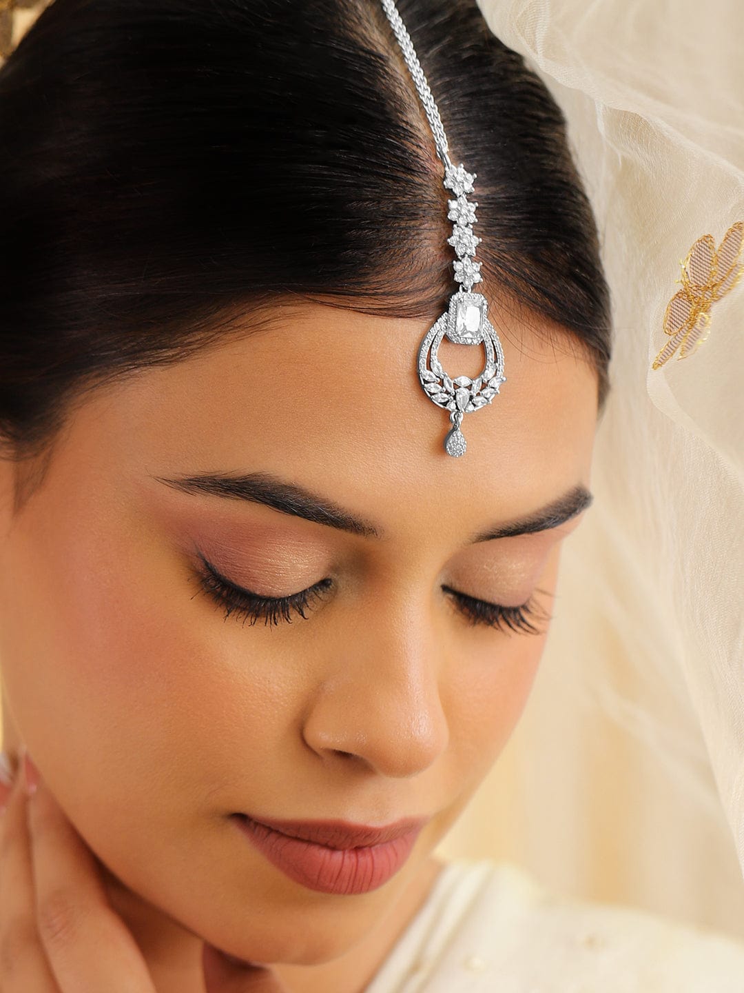 Rubans Rhodium Plated Cubic Zirconia Studded Maang Tikka