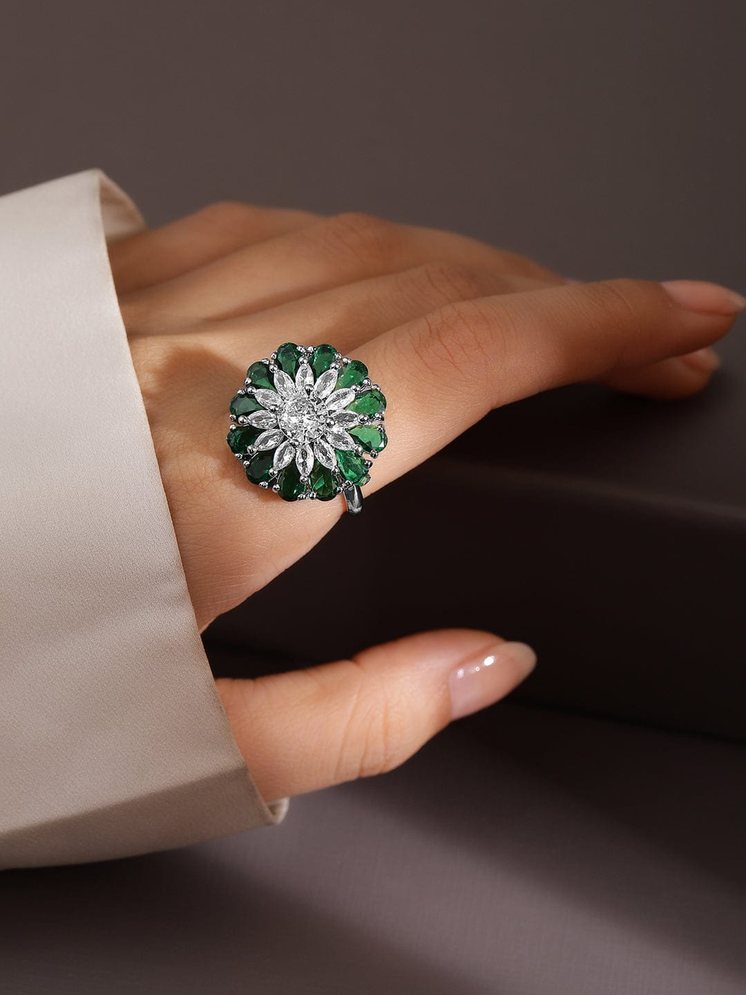 Emerald & White Studded Floral Ring