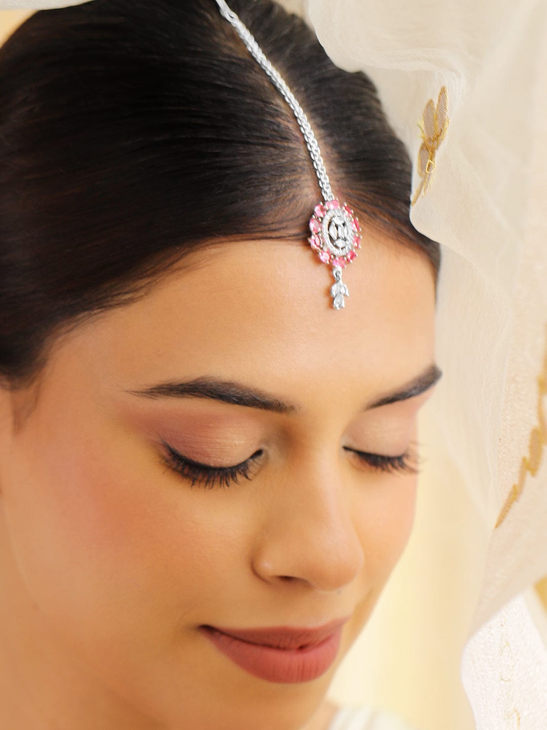 American Diamond Zirconia Pink Accented Maang Tikka