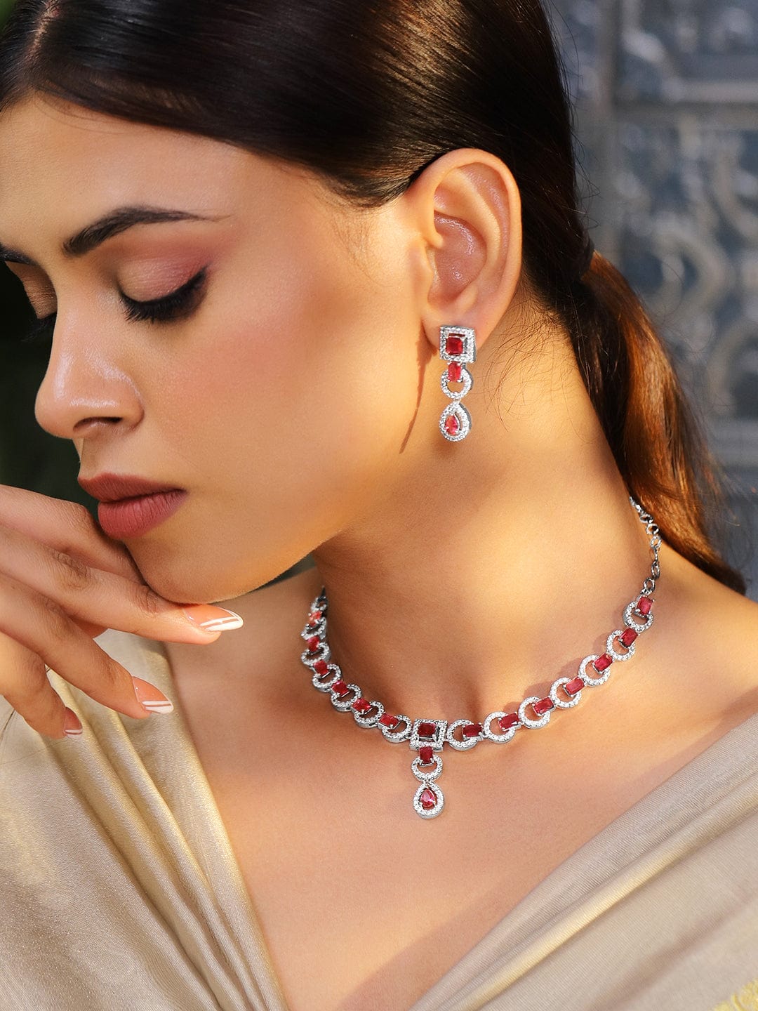American Diamond Zirconia Pink Cubic Necklace Set