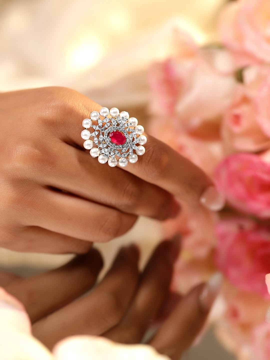 Ruby Pink American Diamond Zirconia Pearl Ring