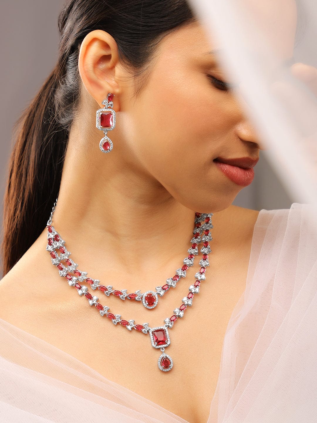 American Diamond Zirconia Ruby Layered Necklace Set