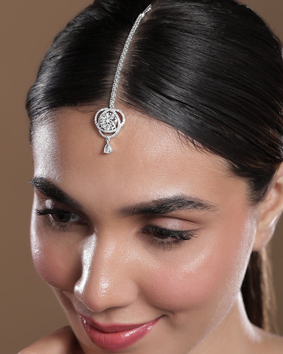 Rubans Rhodium-Plated White Cubic Zirconia Studded Statement Maang Tikka