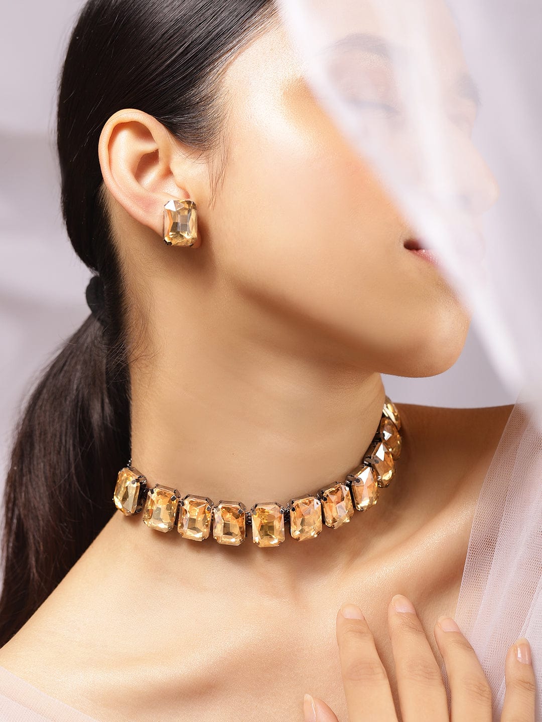 Golden Champagne Crystal Studded Necklace Set