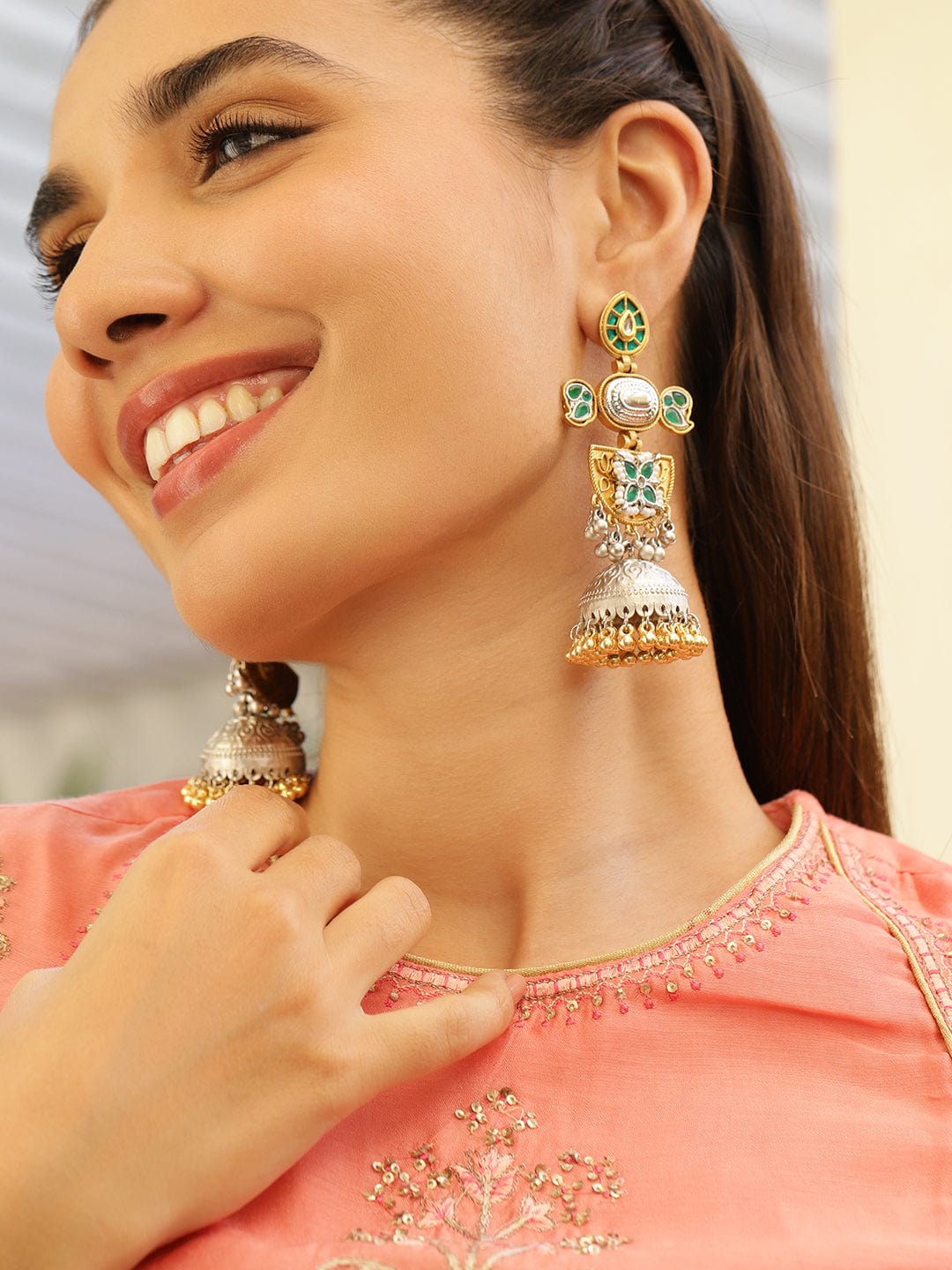 Green Radiance Silver-Gold Oxidised Jhumka