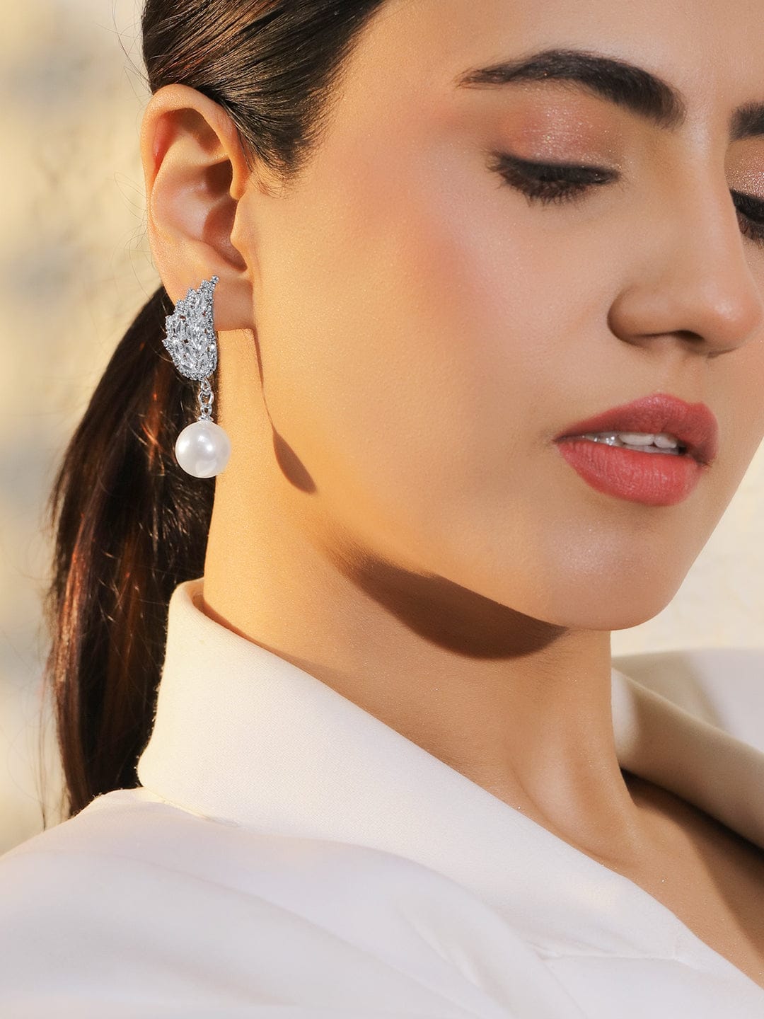 White Studded Pearl Drop Earring