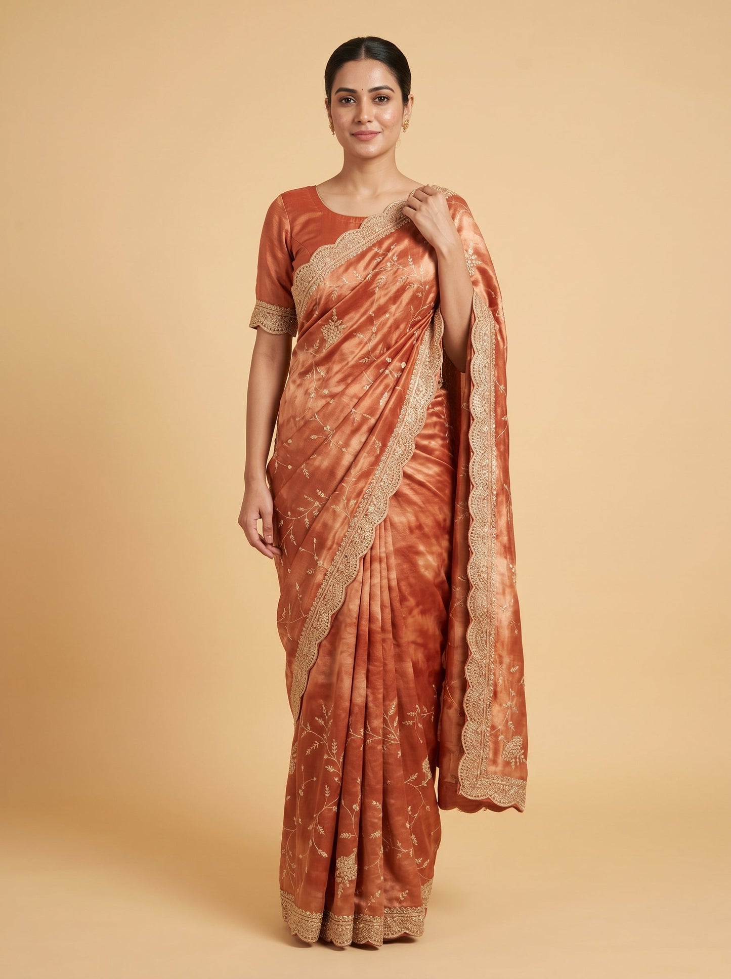 Rust Burnt Tone Embroidered Saree