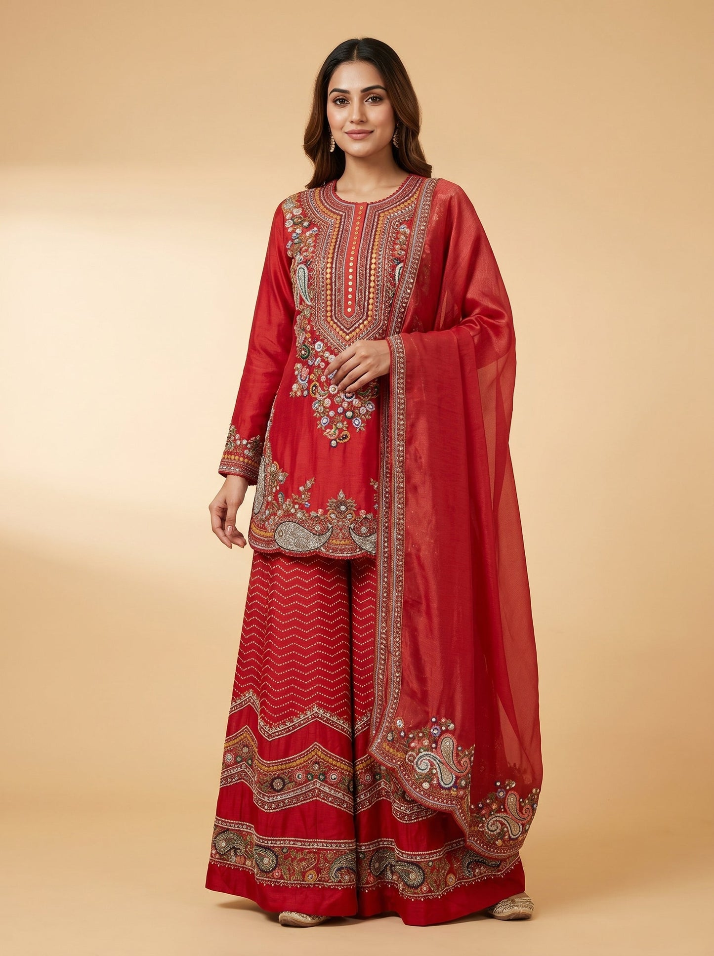 Rust Net Zardozi Palazzo Set