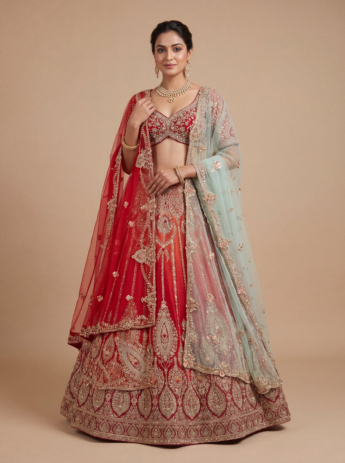 Rust Orange Pheras Bridal Lehenga With Teal Dupatta