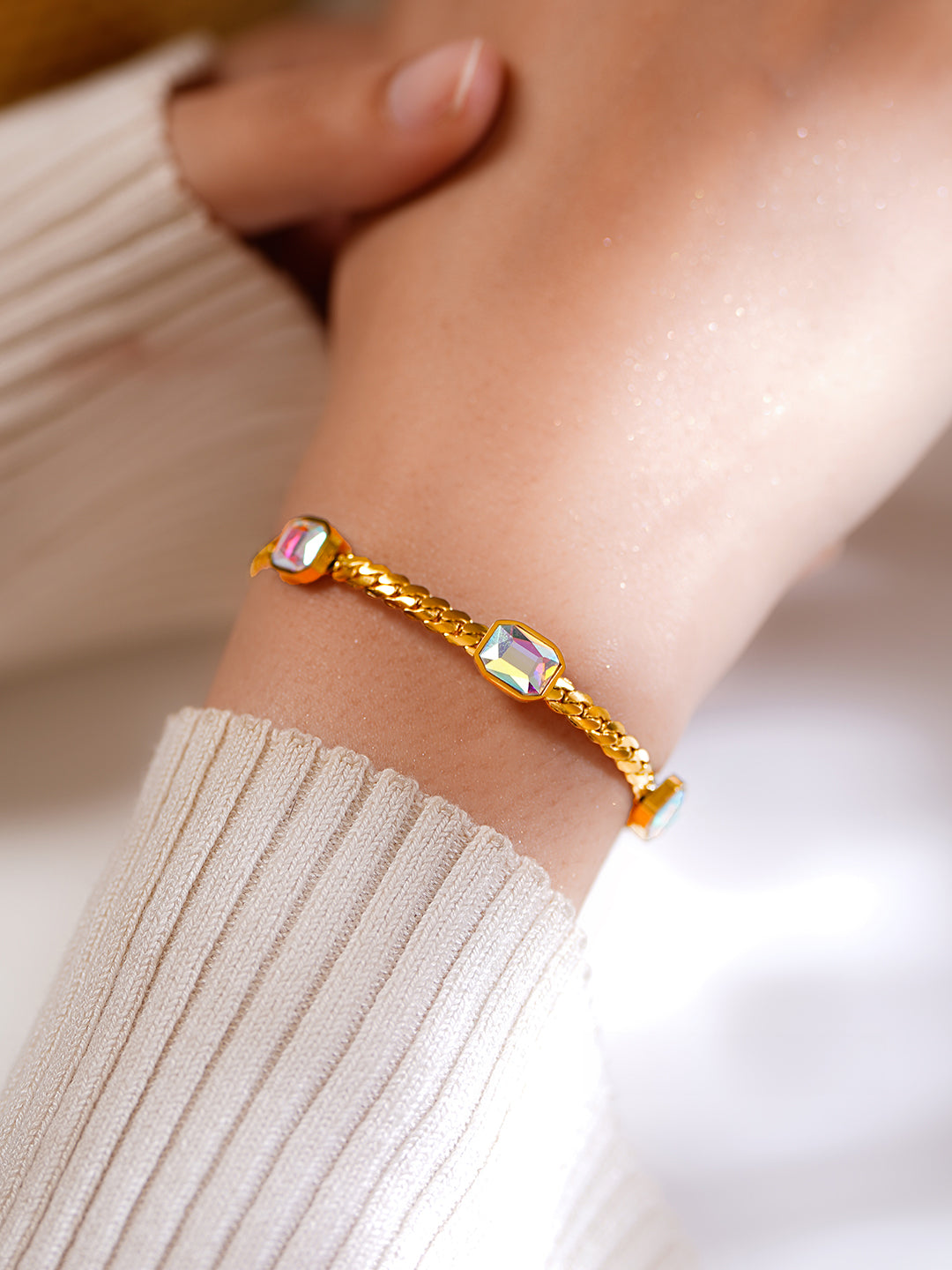 Demifine 18K Gold Plated Stainless Steel Rainbow Crystal Chain Bracelet