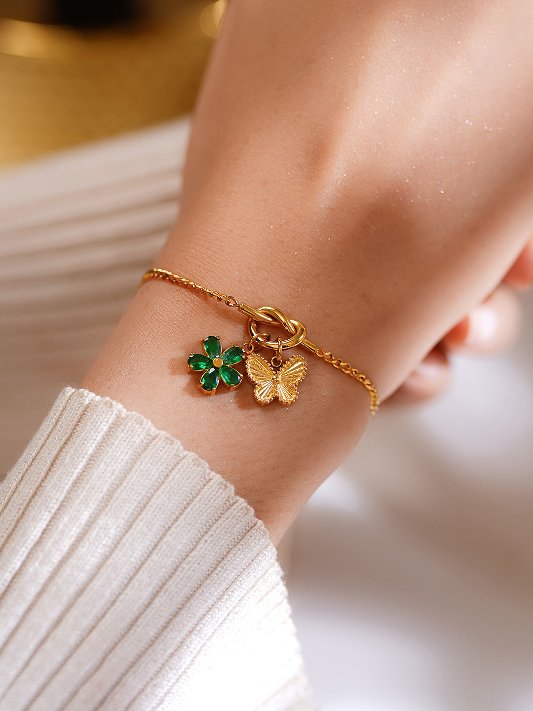 Demifine 18K Gold Plated Stainless Steel Butterfly & Floral Charm Bracelet