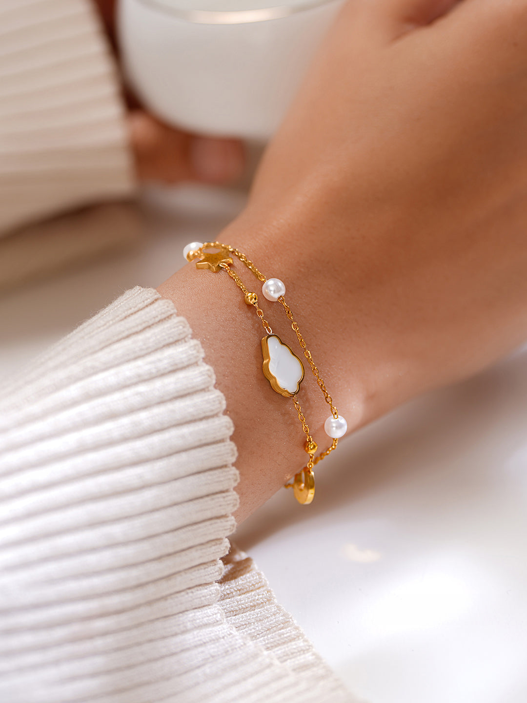Demifine 18K Gold Plated Stainless Steel Moon Star Celestial Charm Bracelet