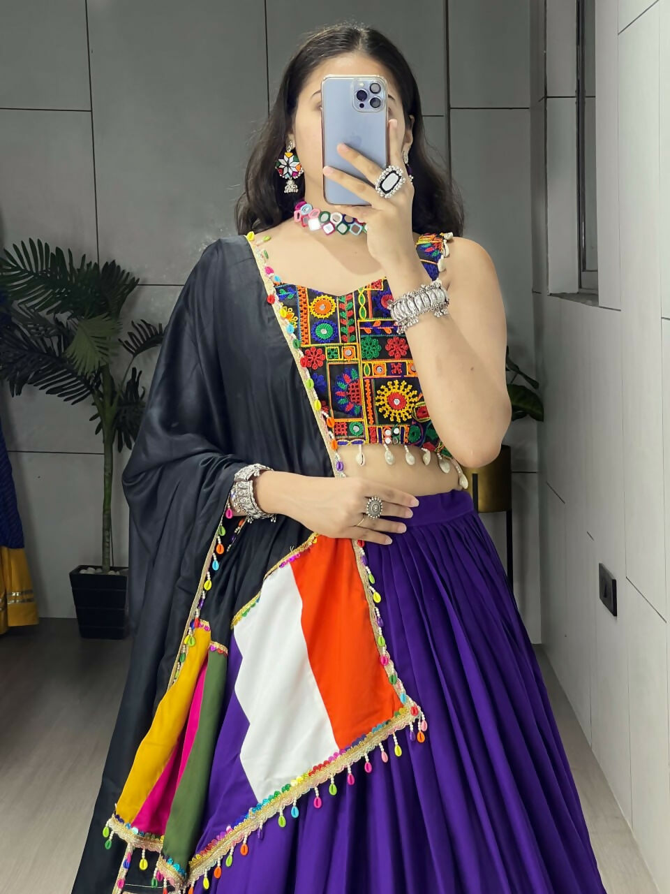 Yash Enterprise Purple Rayon Cotton Embroidery Semi Stitched Navratri Chaniya Choli