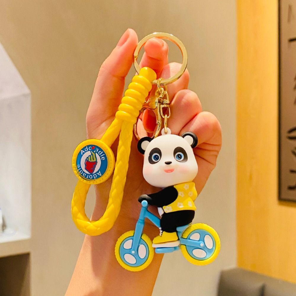 Yellow Panda On Cycle Keychain | 3D Lanyard Keychain | Silicone | Premium |